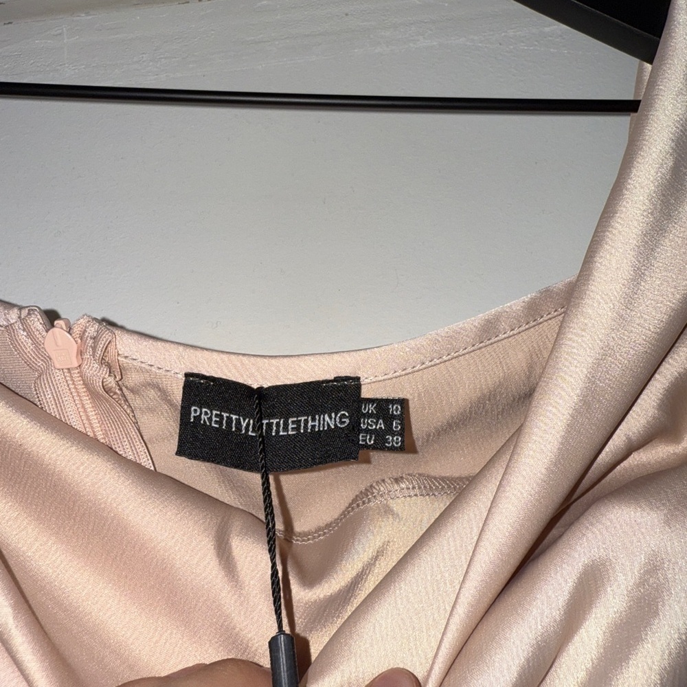 PrettyLittleThing Asymmetrical Off-Shoulder Dress in Cream - Picture 6 of 8